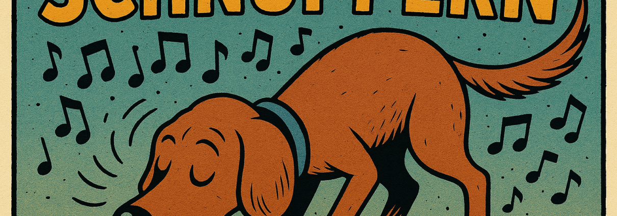 Comiczeichnung eines Hundes, der mit der Nase am Boden schnuppert. Um ihn herum schweben Musiknoten. Über dem Motiv steht das Wort Schnuppern