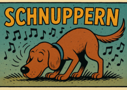 Comiczeichnung eines Hundes, der mit der Nase am Boden schnuppert. Um ihn herum schweben Musiknoten. Über dem Motiv steht das Wort Schnuppern