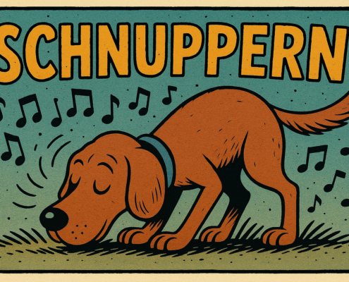 Comiczeichnung eines Hundes, der mit der Nase am Boden schnuppert. Um ihn herum schweben Musiknoten. Über dem Motiv steht das Wort Schnuppern